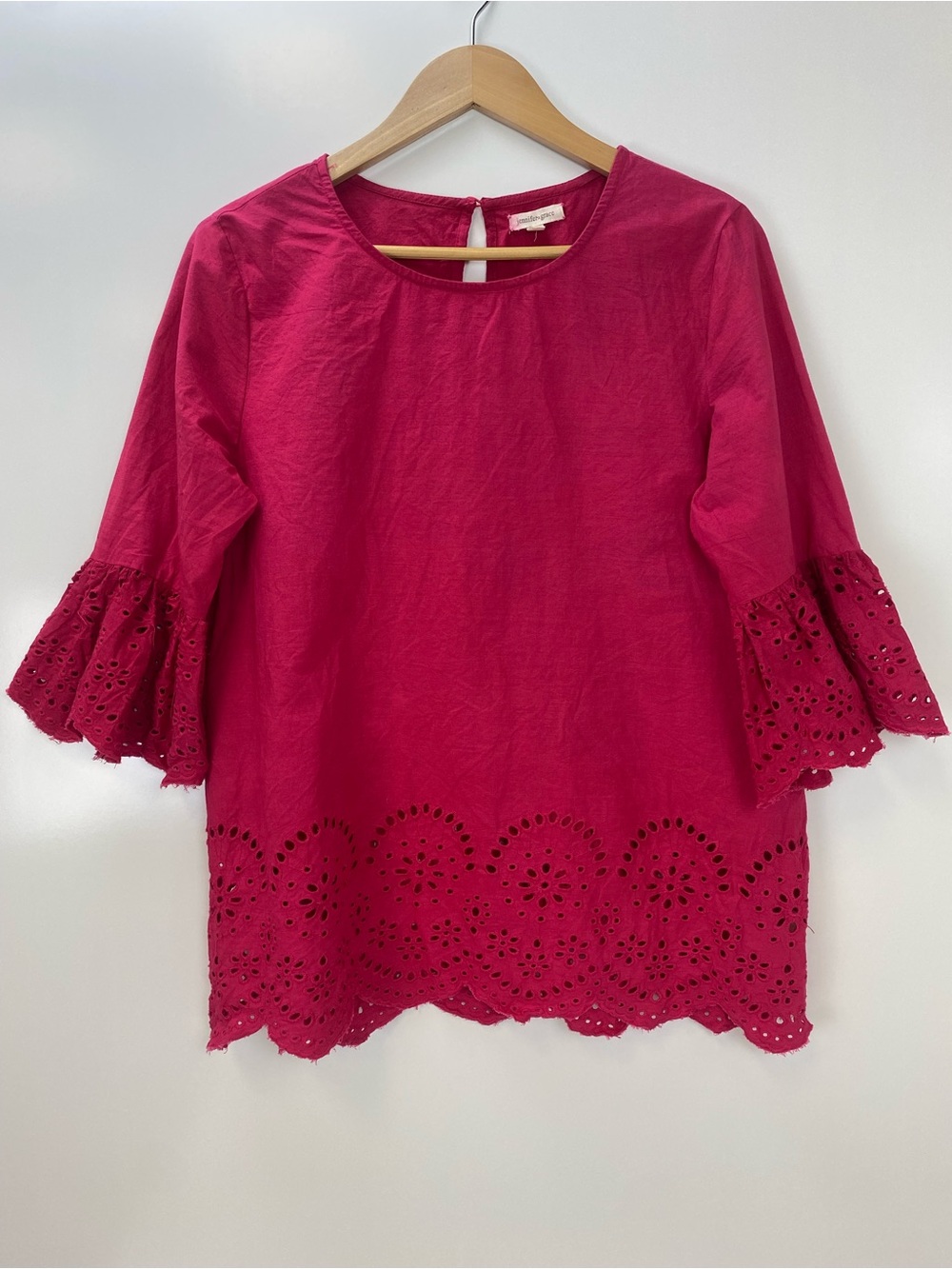 Jennifer & Grace Bell Sleeve Eyelet Hem Tunic in Raspberry
